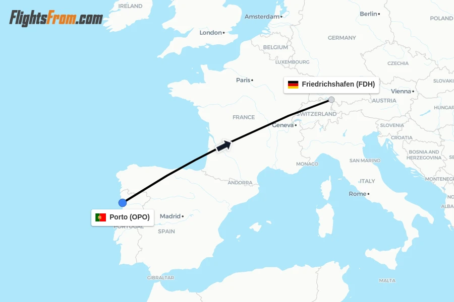 Flights from Porto to Friedrichshafen route map