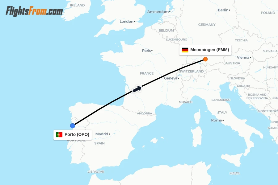 Flights from Porto to Memmingen route map
