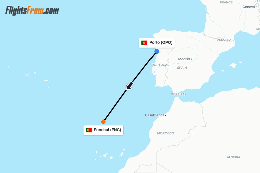 Flights from Porto to Funchal route map