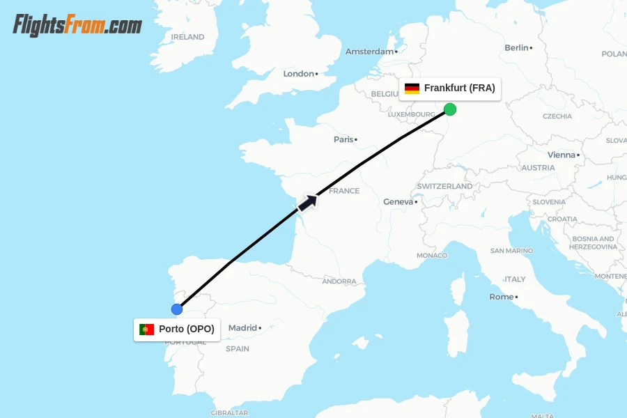 Flights from Porto to Frankfurt route map