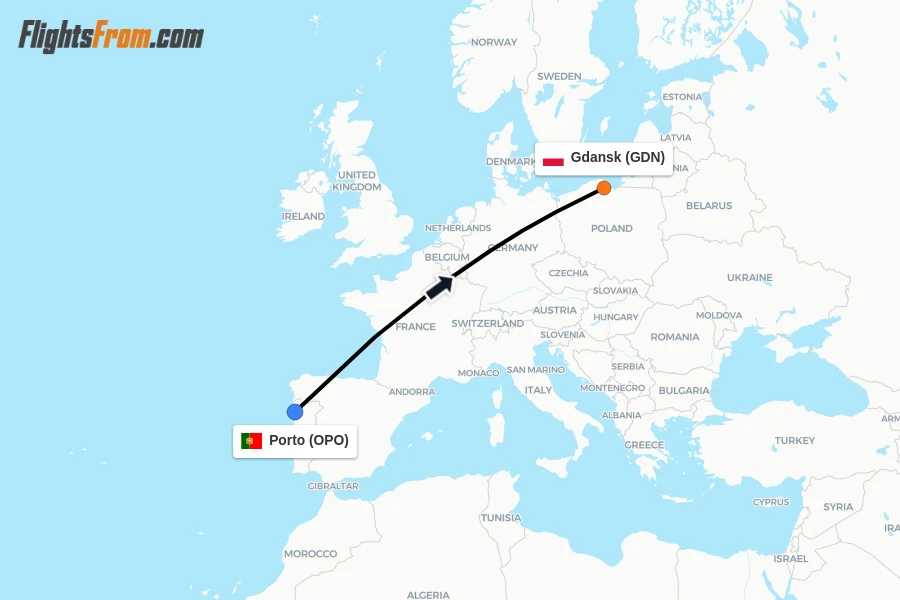 Flights from Porto to Gdansk route map