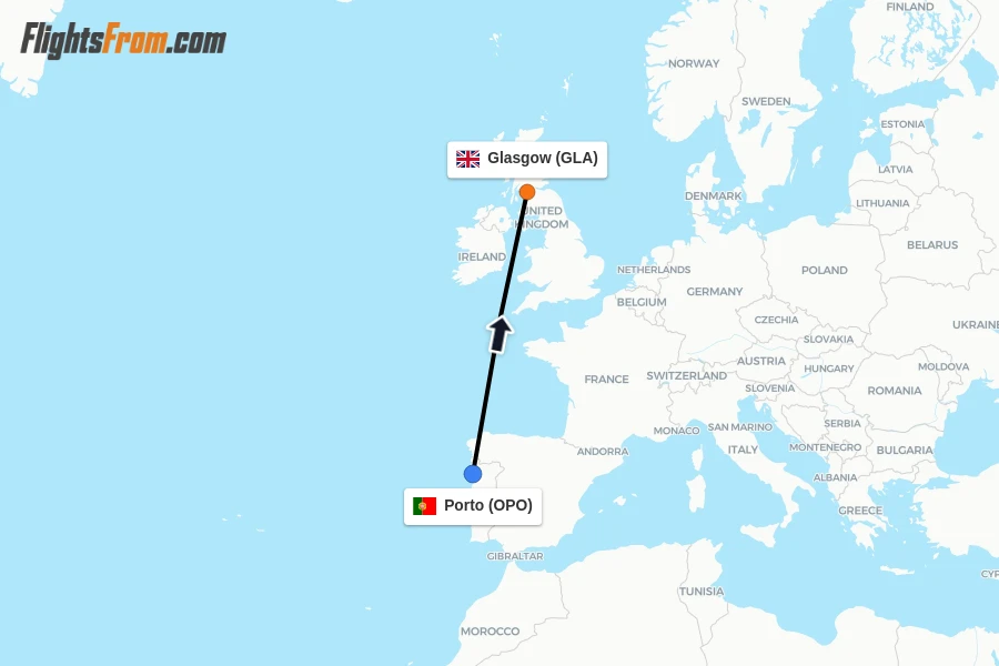Flights from Porto to Glasgow route map