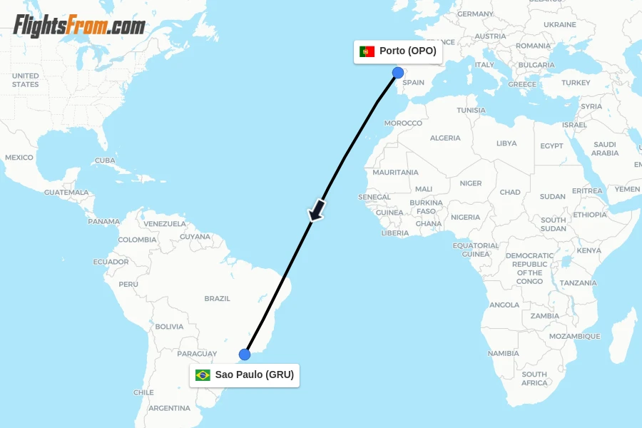 Flights from Porto to Sao Paulo route map