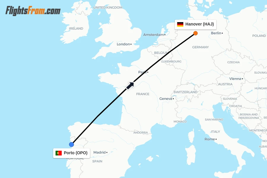 Flights from Porto to Hanover route map