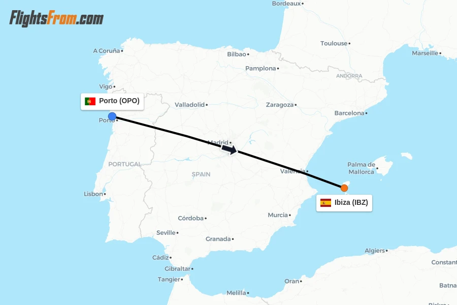 Flights from Porto to Ibiza route map