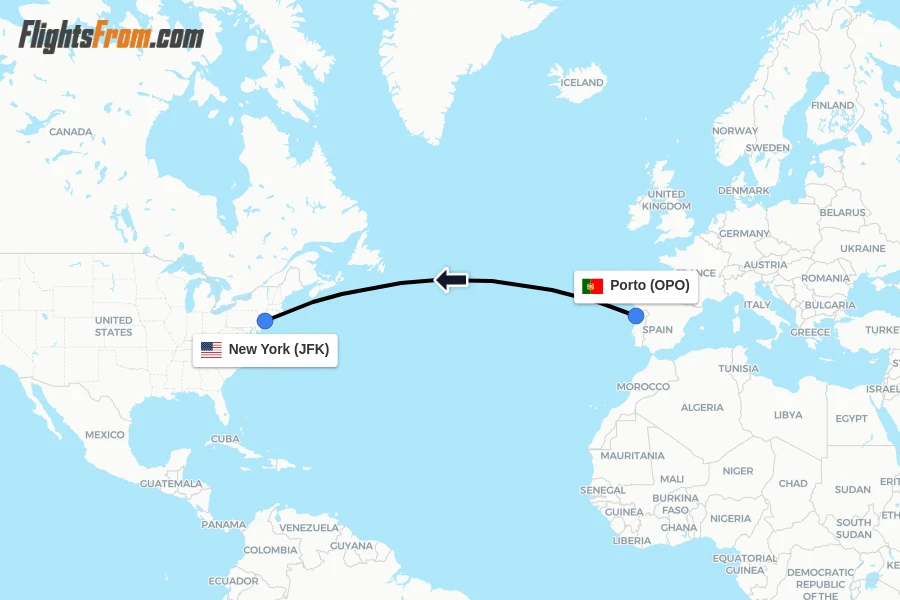 Flights from Porto to New York route map