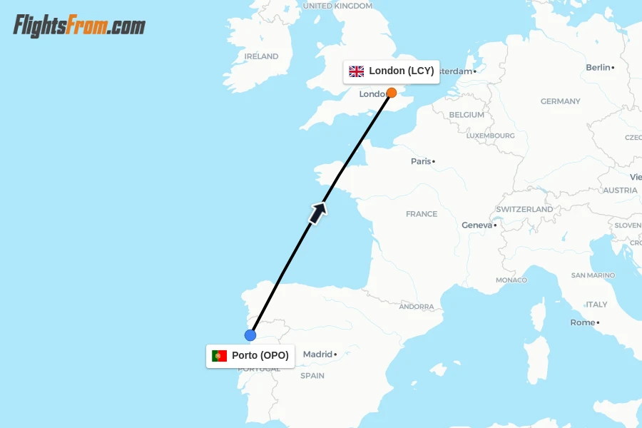 Flights from Porto to London route map
