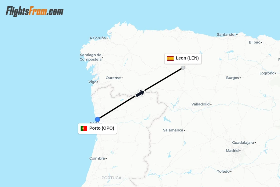 Flights from Porto to Leon route map