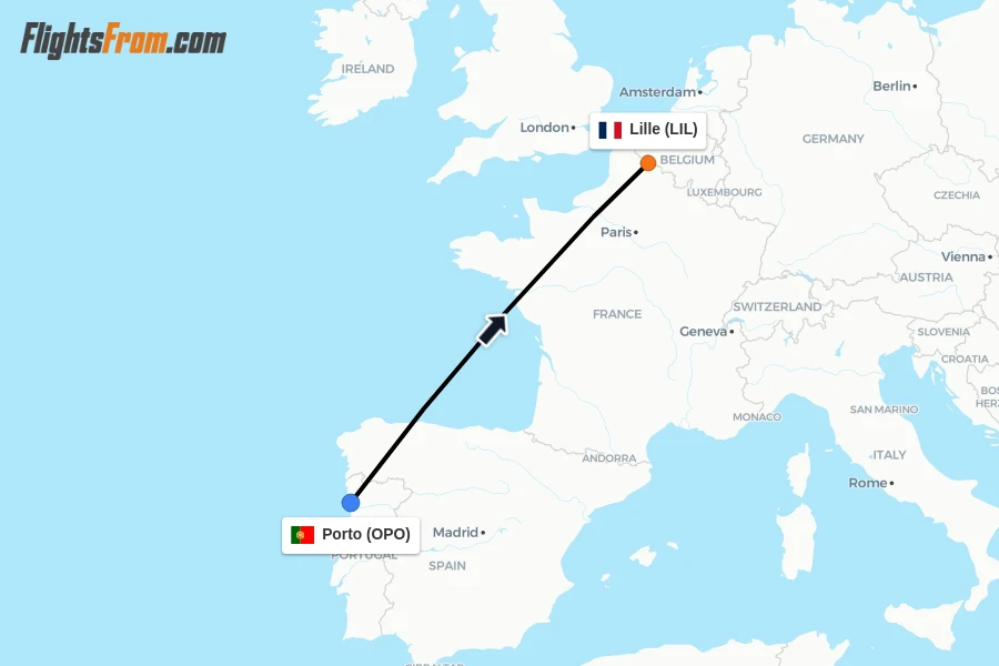 Flights from Porto to Lille route map