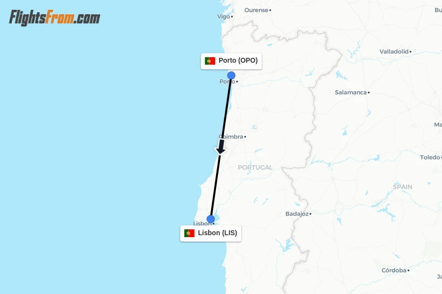 Flights from Porto to Lisbon route map