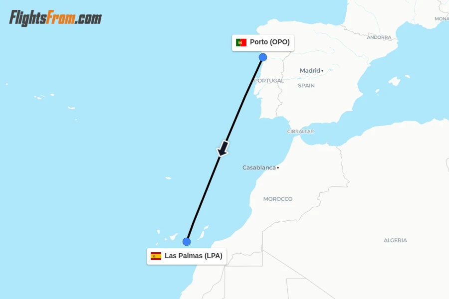 Flights from Porto to Las Palmas route map