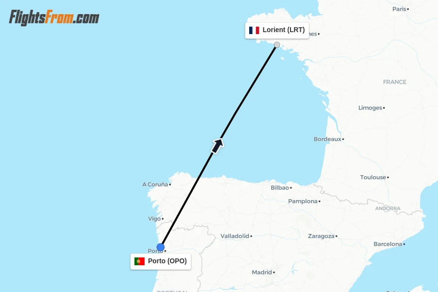 Flights from Porto to Lorient route map