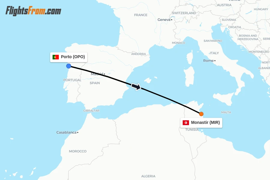 Flights from Porto to Monastir route map