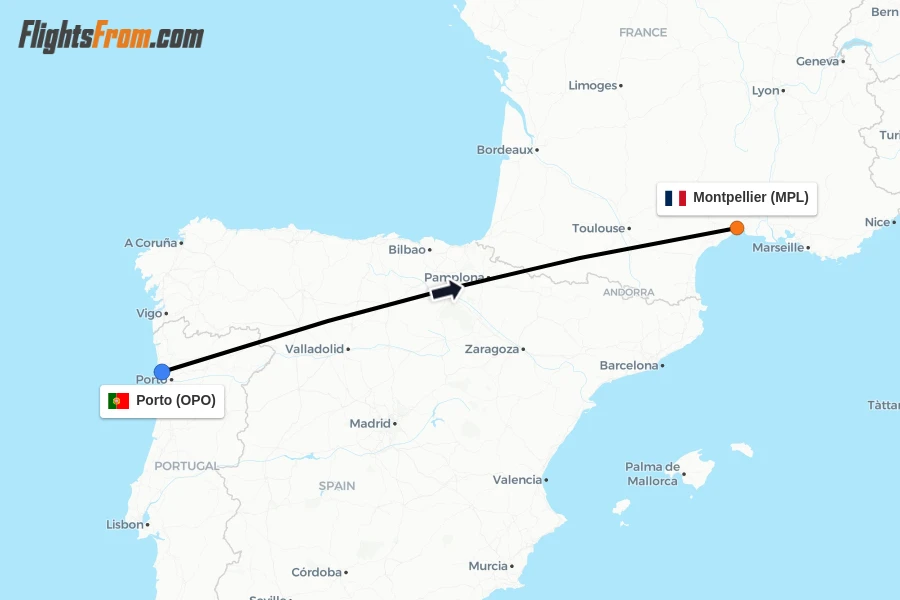 Flights from Porto to Montpellier route map