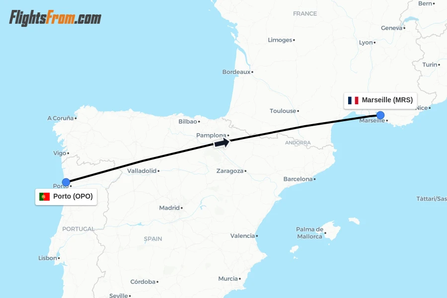 Flights from Porto to Marseille route map
