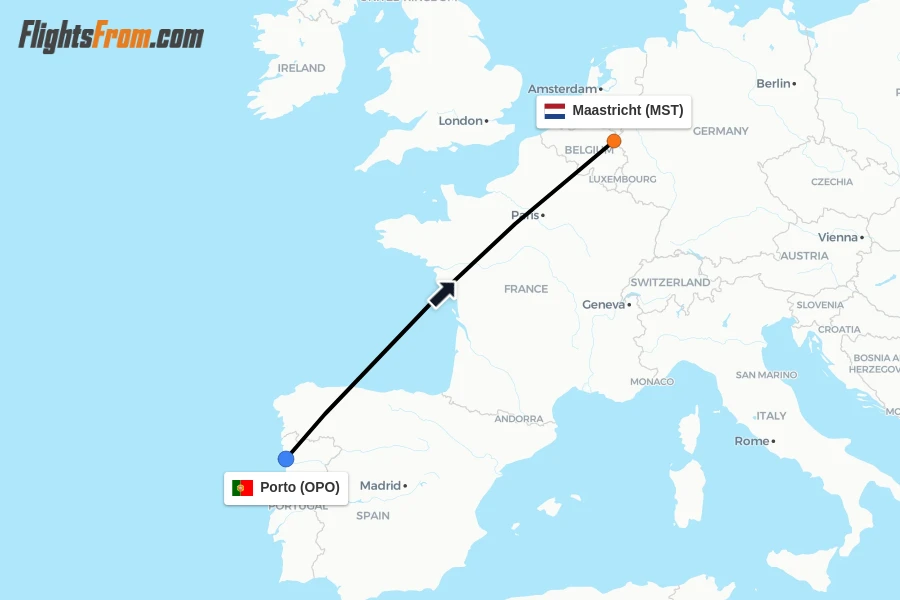 Flights from Porto to Maastricht route map