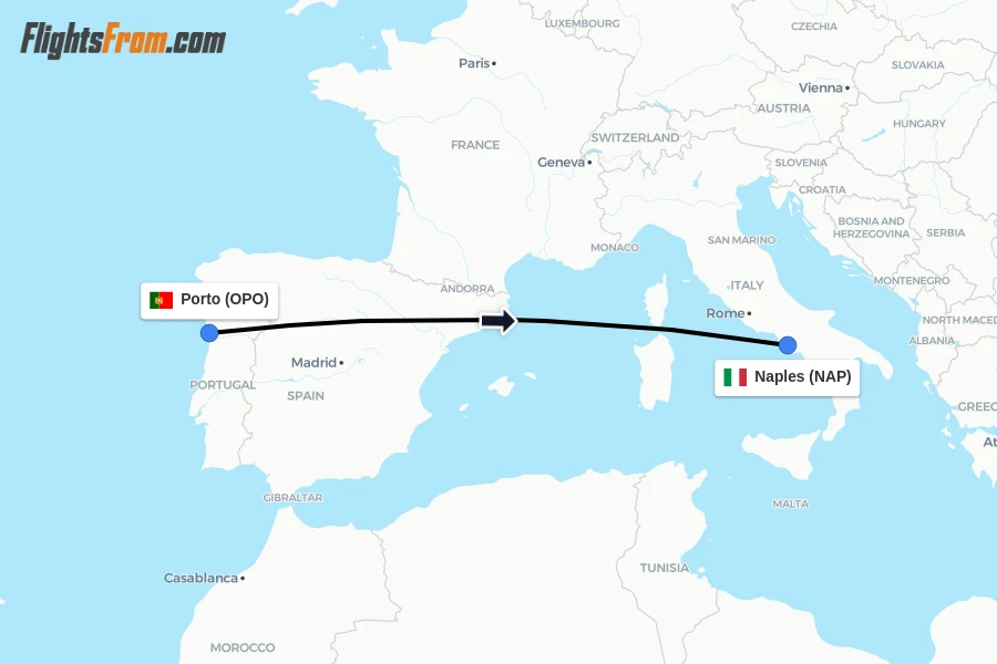 Flights from Porto to Naples route map