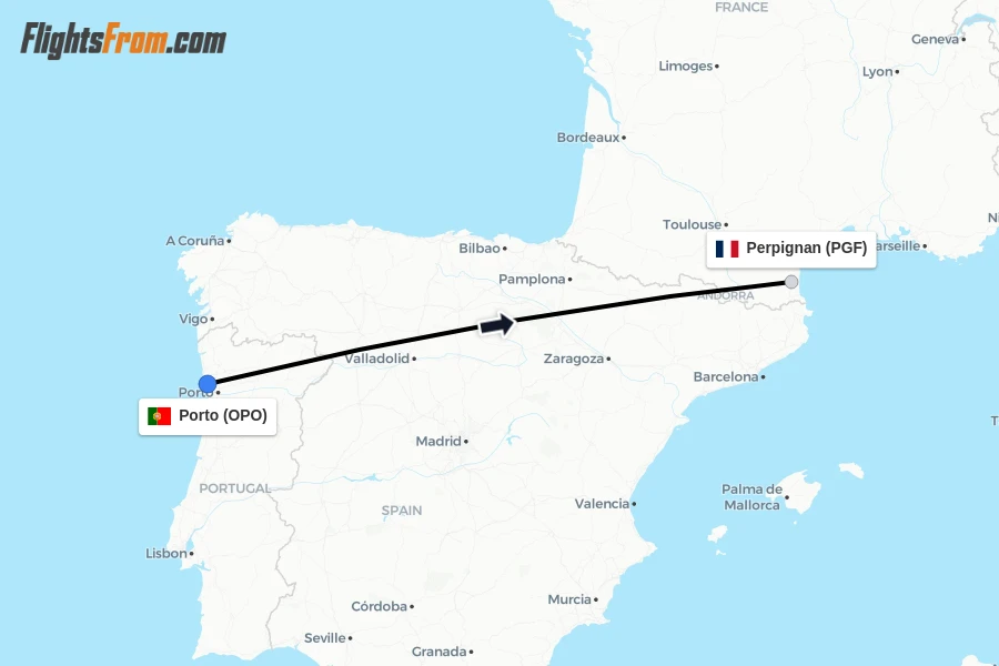 Flights from Porto to Perpignan route map