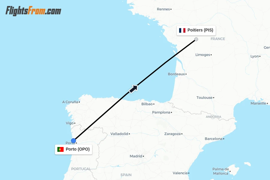 Flights from Porto to Poitiers route map