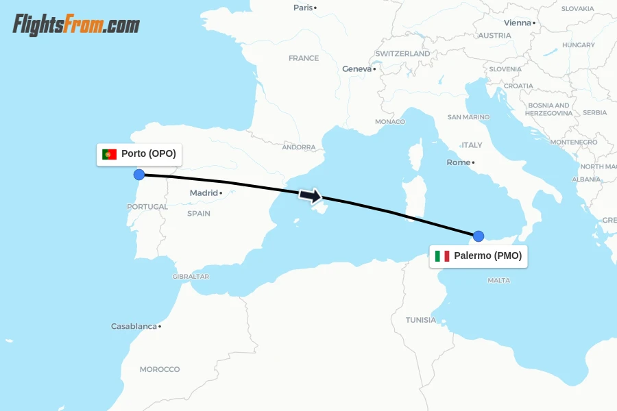 Flights from Porto to Palermo route map