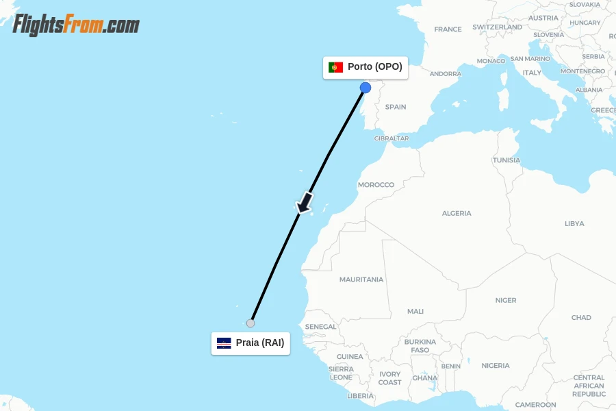 Flights from Porto to Praia route map