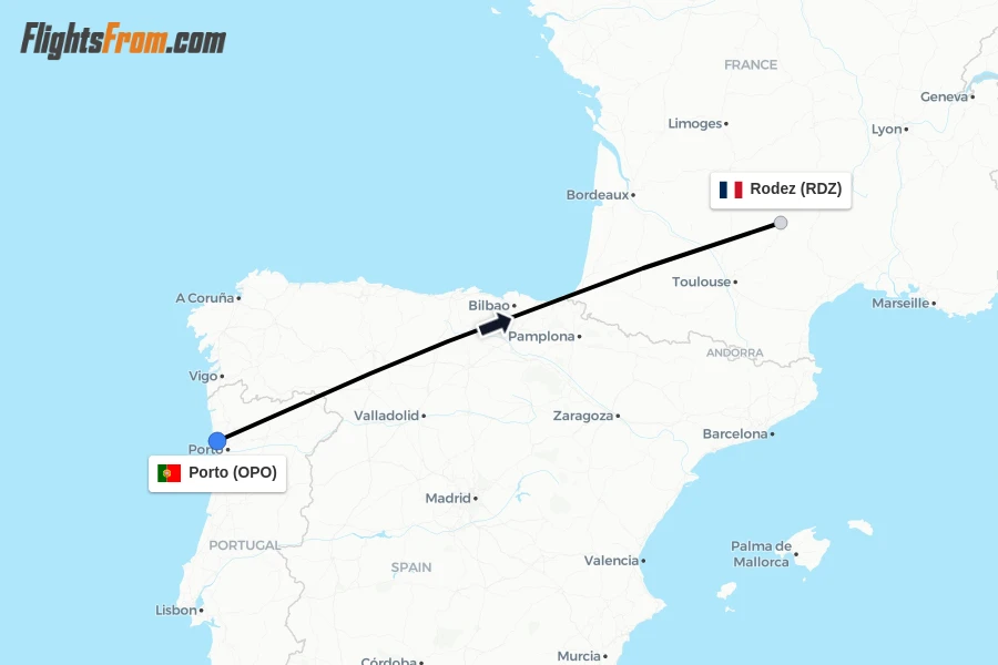 Flights from Porto to Rodez route map