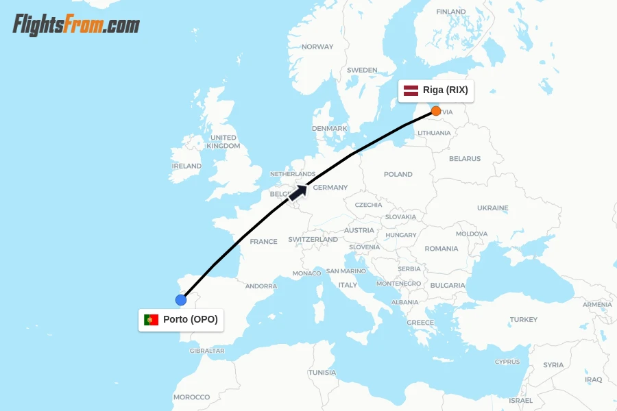 Flights from Porto to Riga route map