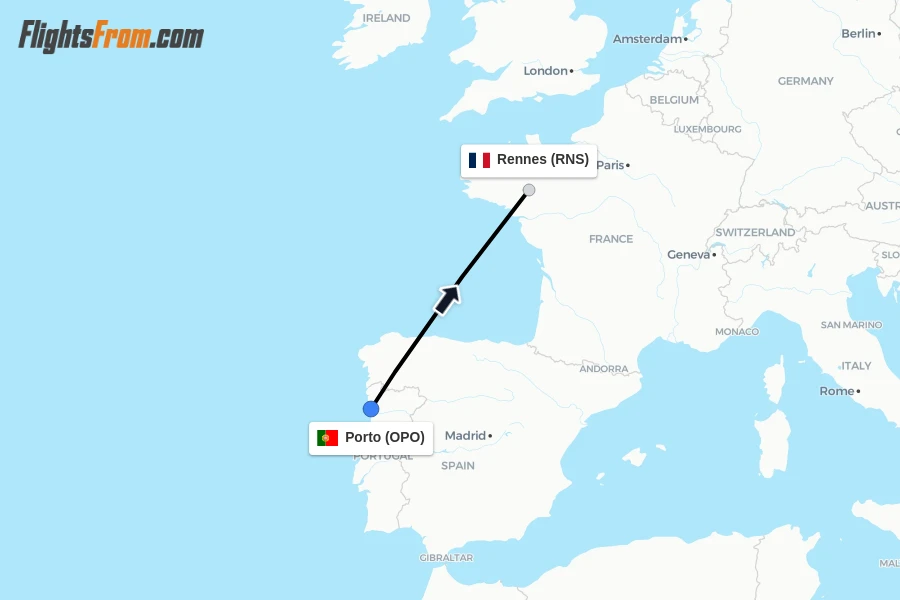 Flights from Porto to Rennes route map