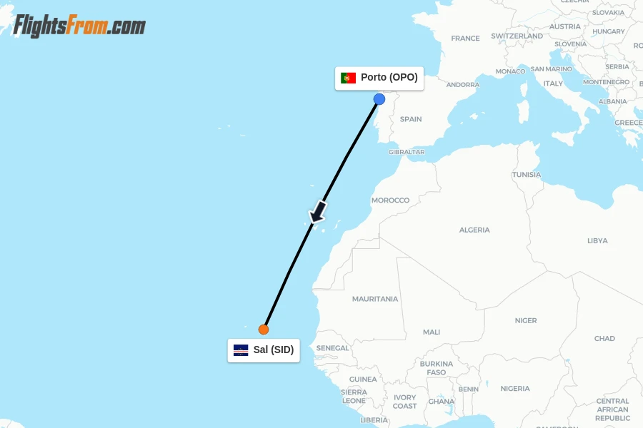 Flights from Porto to Sal route map