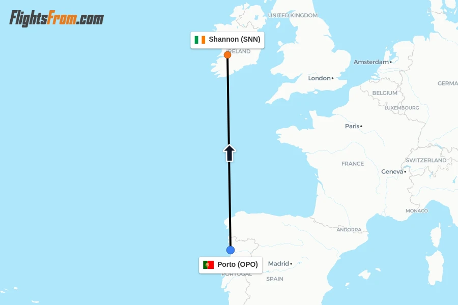 Flights from Porto to Shannon route map