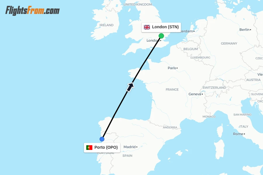 Flights from Porto to London route map