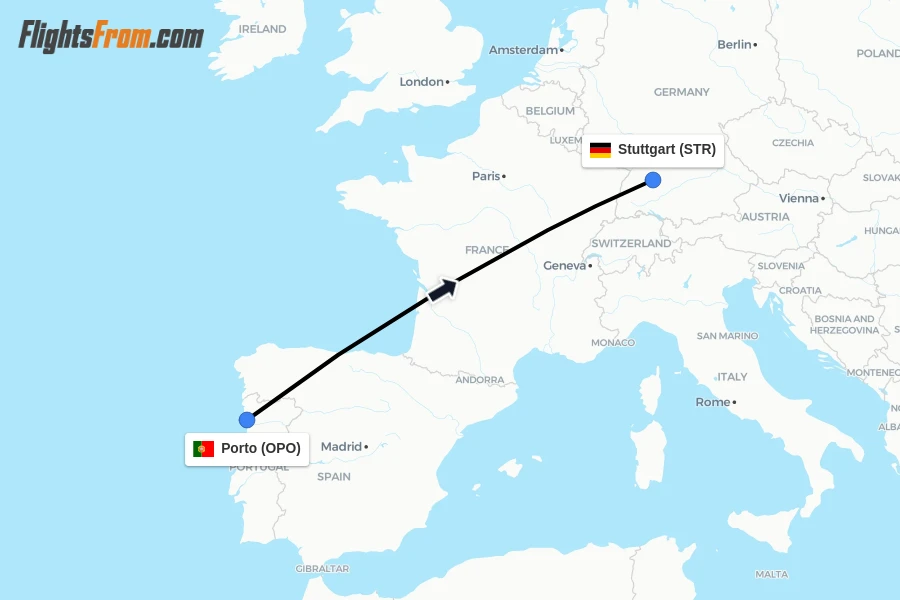 Flights from Porto to Stuttgart route map