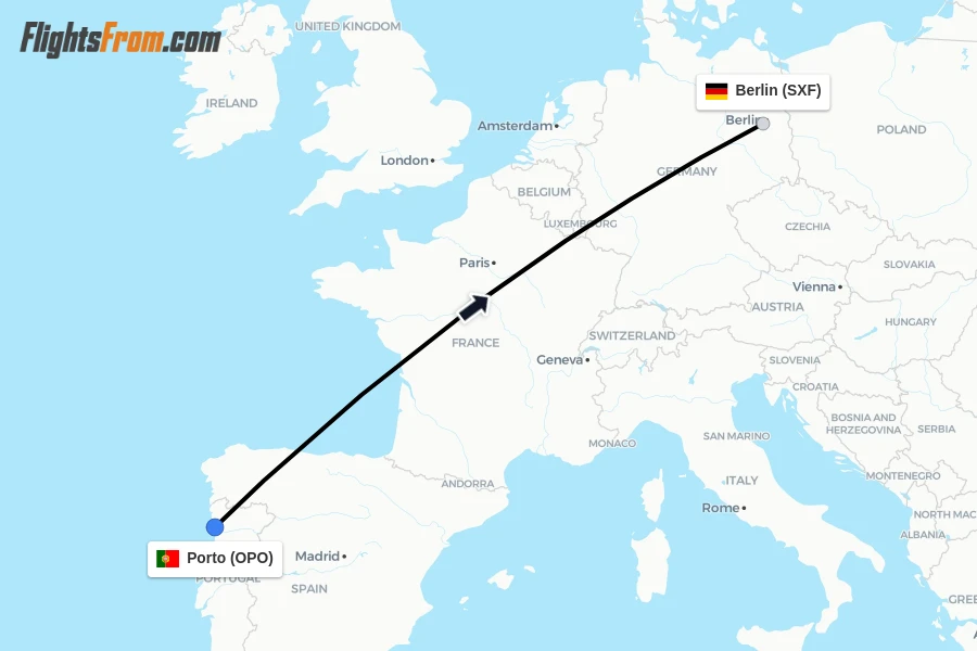Flights from Porto to Berlin route map