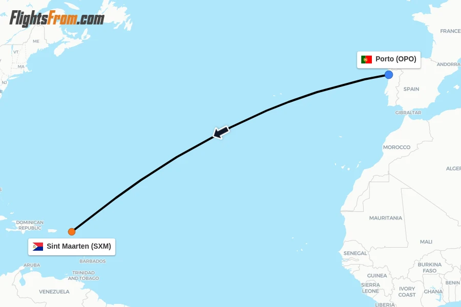 Flights from Porto to Sint Maarten route map