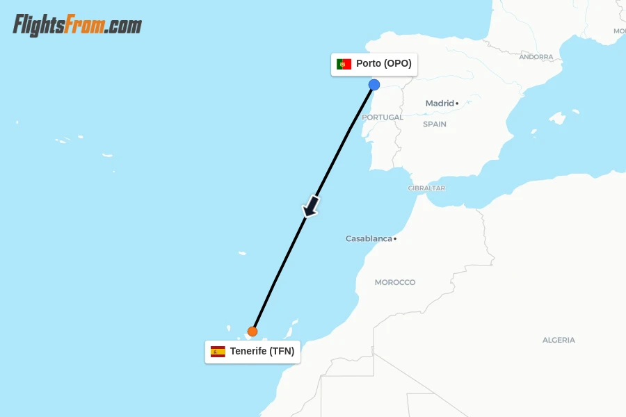 Flights from Porto to Tenerife route map