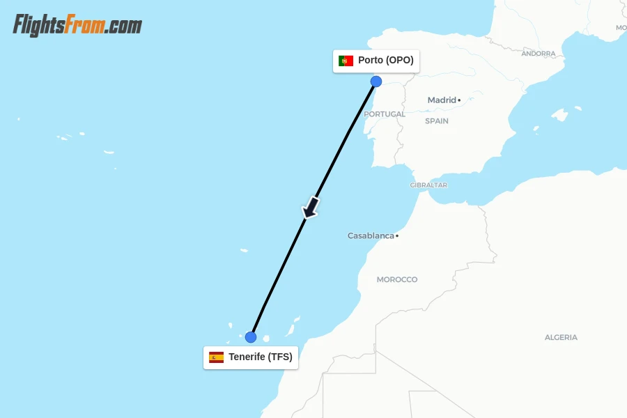 Flights from Porto to Tenerife route map
