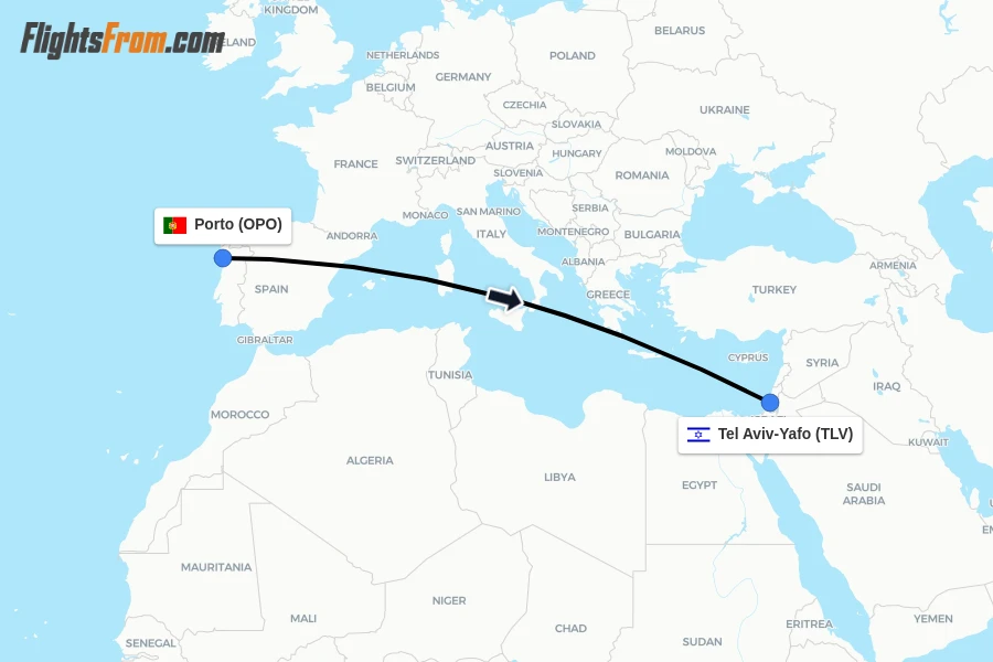 Flights from Porto to Tel Aviv-Yafo route map