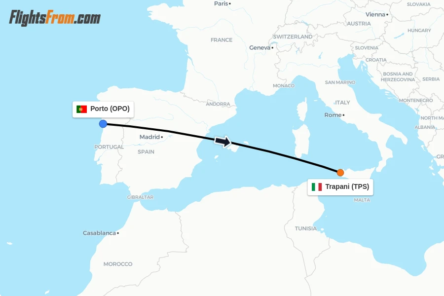 Flights from Porto to Trapani route map