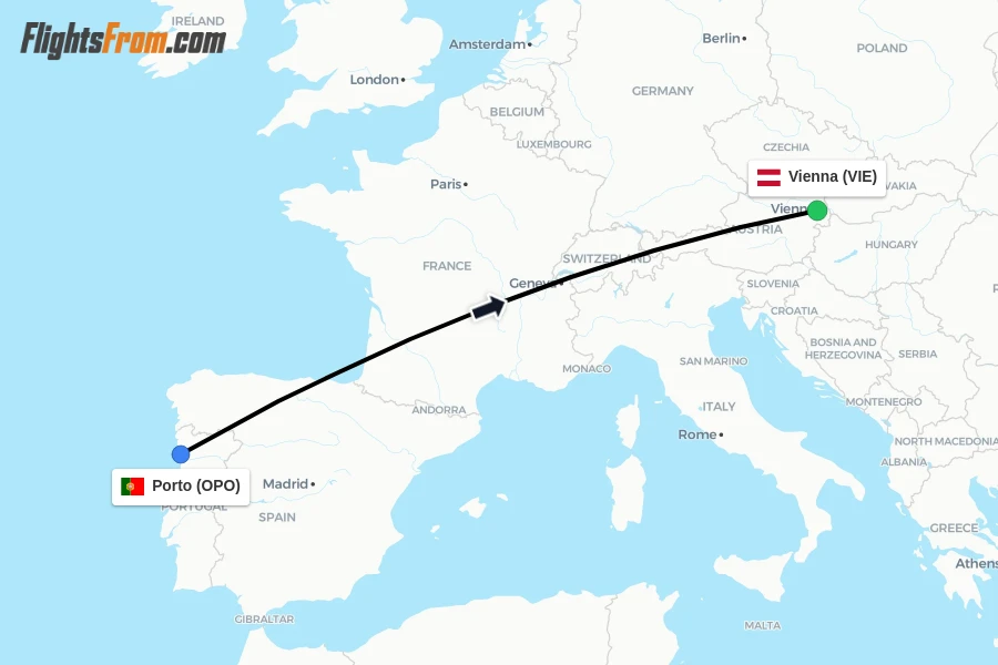 Flights from Porto to Vienna route map