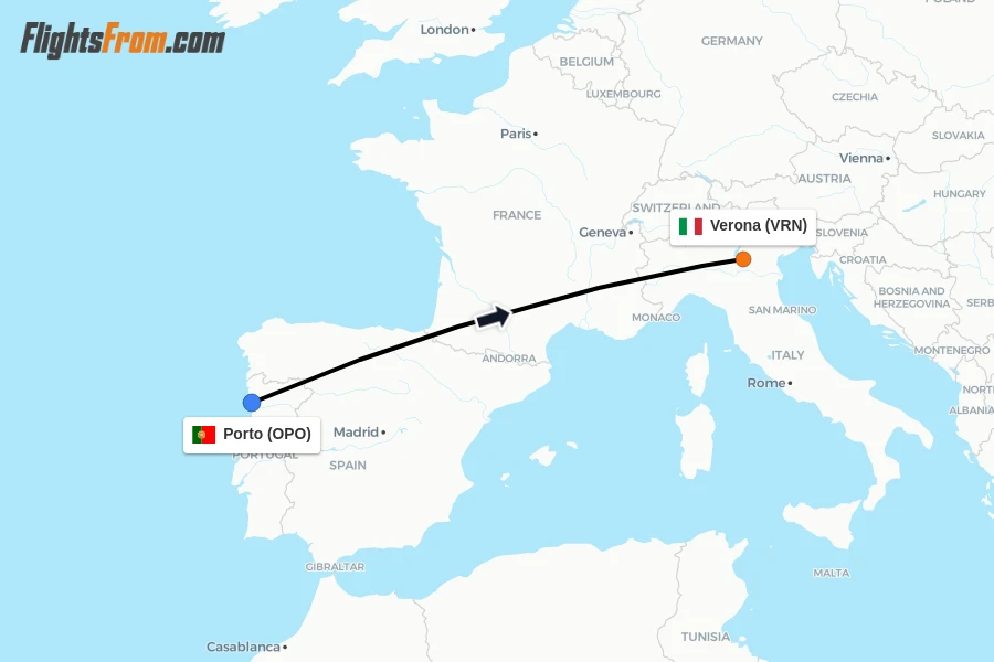 Flights from Porto to Verona route map