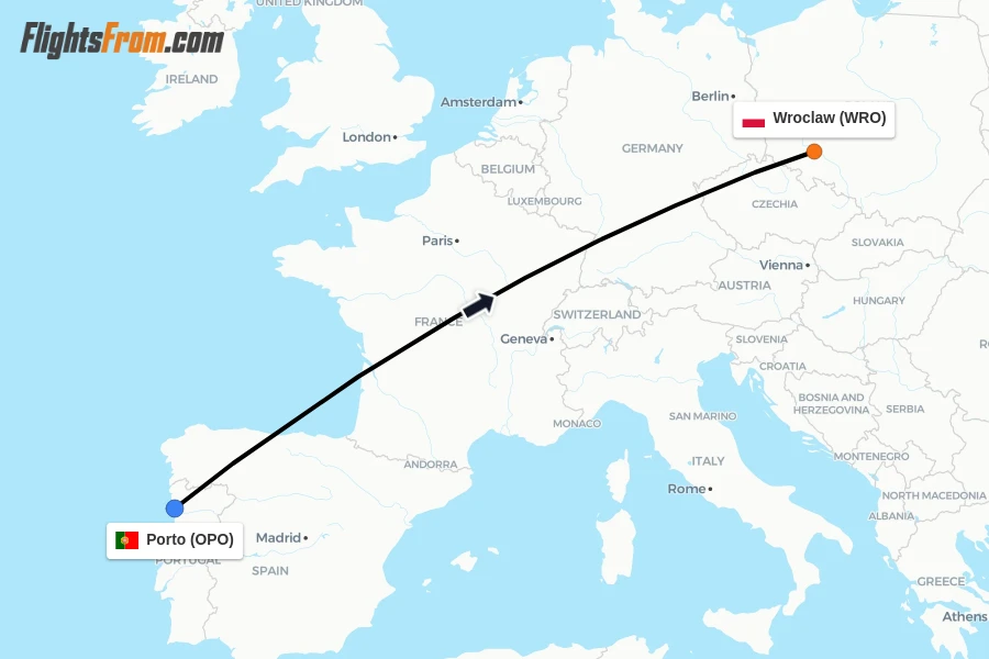 Flights from Porto to Wroclaw route map