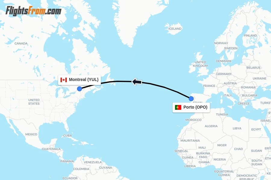 Flights from Porto to Montreal route map