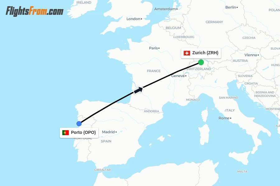 Flights from Porto to Zurich route map