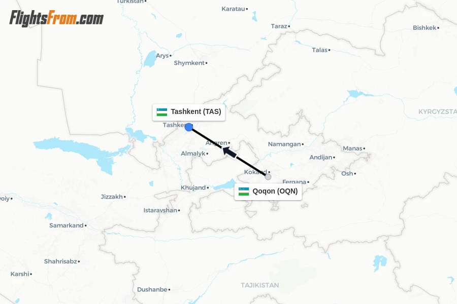 Flights from Qoqon to Tashkent route map
