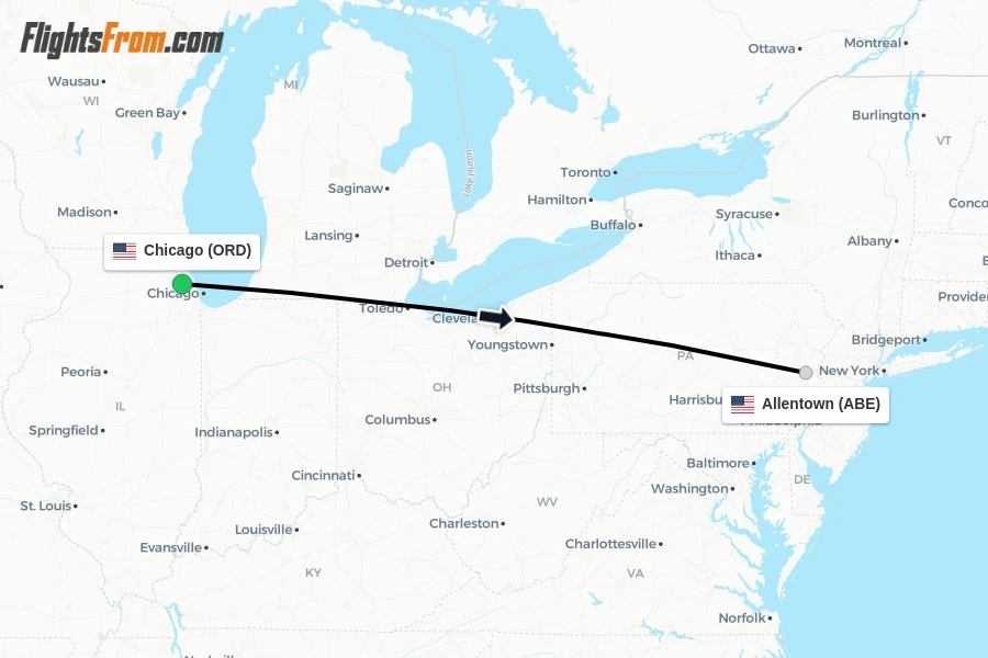 Flights from Chicago to Allentown route map