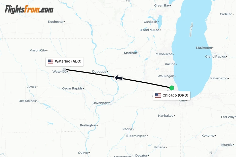 Flights from Chicago to Waterloo route map