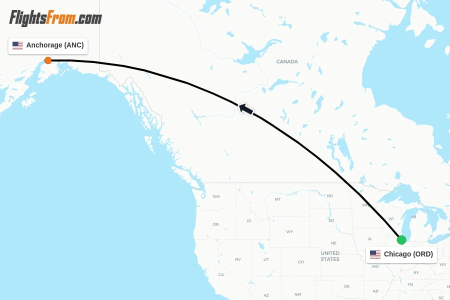 Flights from Chicago to Anchorage route map