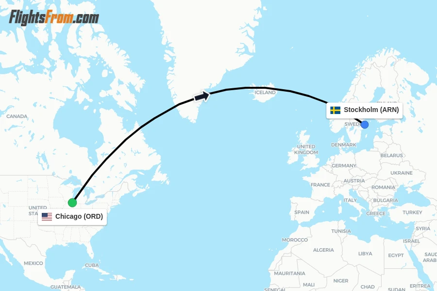 Flights from Chicago to Stockholm route map