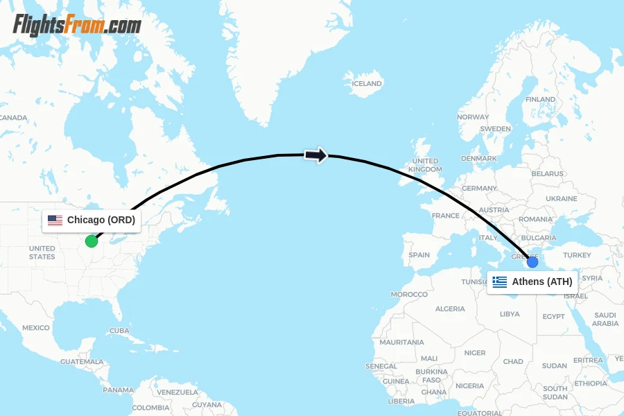 Flights from Chicago to Athens route map