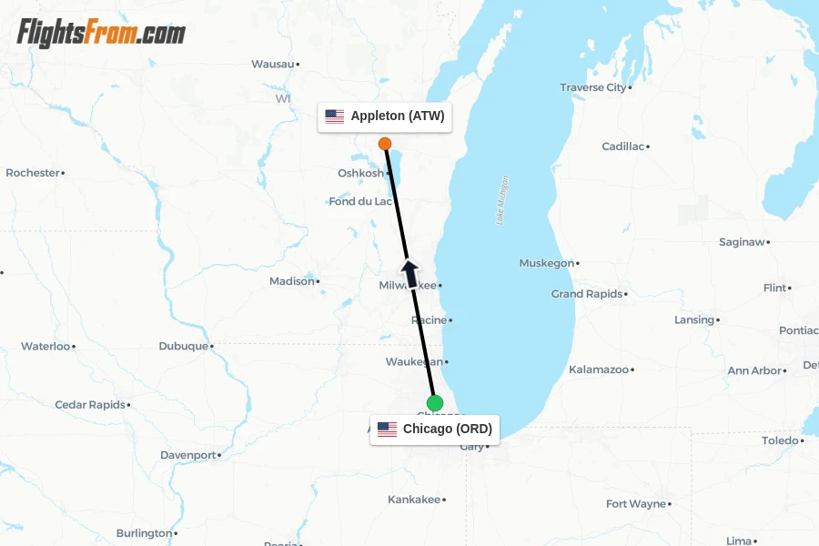 Flights from Chicago to Appleton route map